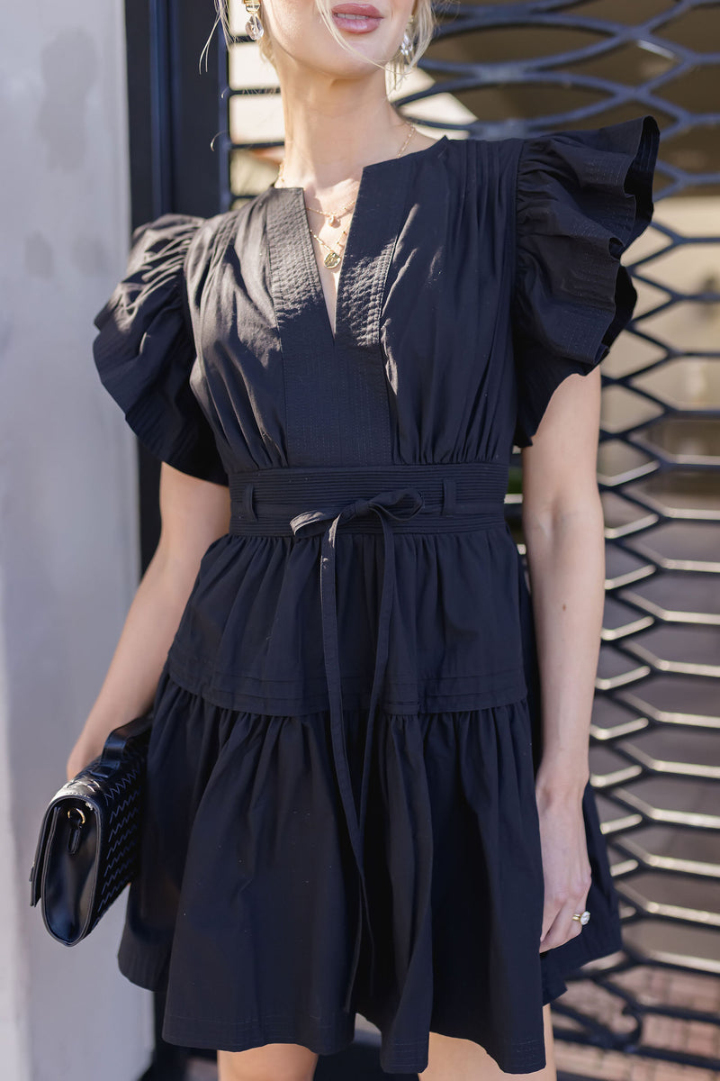 Flutter Sleeve Waist Tie Poplin Mini Dress Black