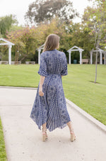 Kimono Sleeve Abstract Print Midi Dress Navy