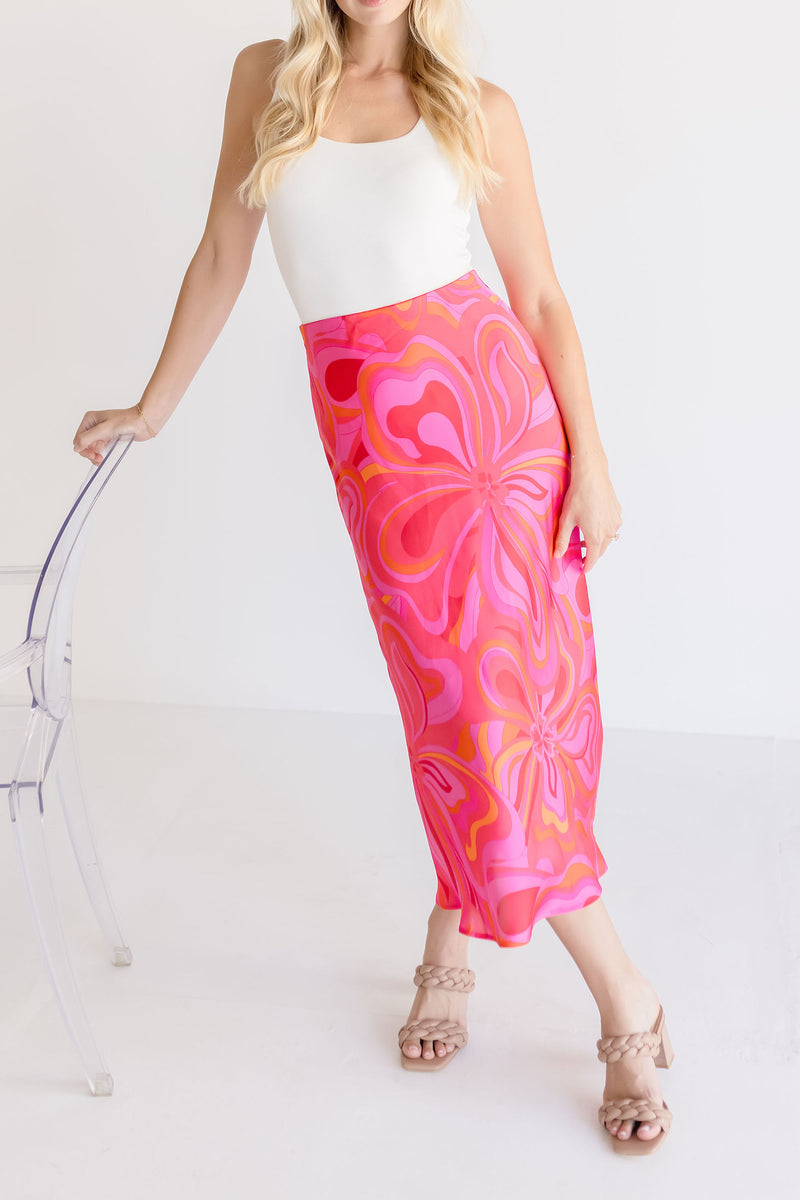 Abstract Print Midi Skirt Pink