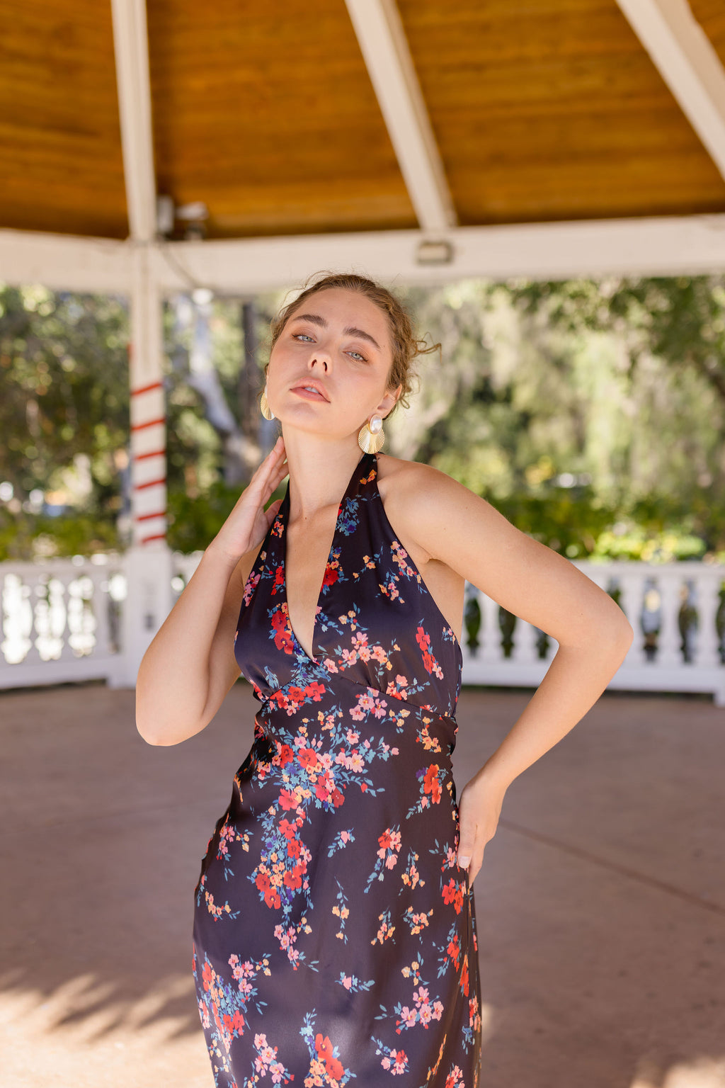 Sleeveless Halter Floral Print Maxi Dress Navy