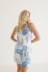 Wren Halter Tie Back Tropical Print Mini Dress Blue