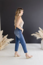 Cropped High Rise Mom Jeans Dark Wash