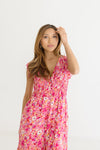 Short Ruffle Sleeve Floral Print Maxi Dress Pink