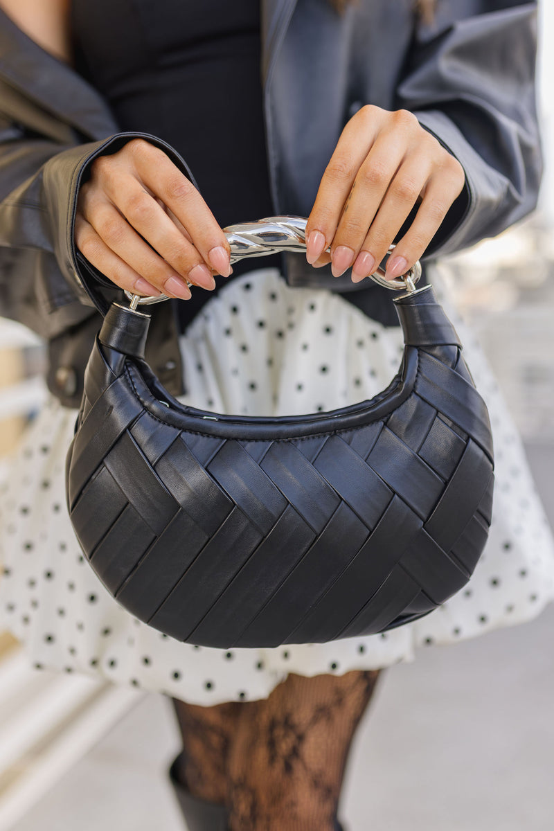 Braided Metal Top Handle Faux Leather Woven Handbag Black