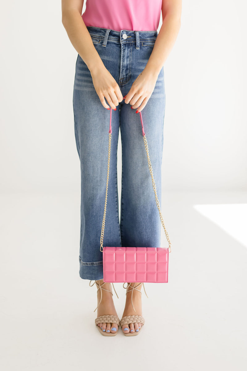 Quilted Faux Patten Leather Clutch Pink