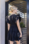 Flutter Sleeve Waist Tie Poplin Mini Dress Black