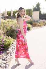 Sleeveless Halter Neck Floral Print Maxi Dress Pink
