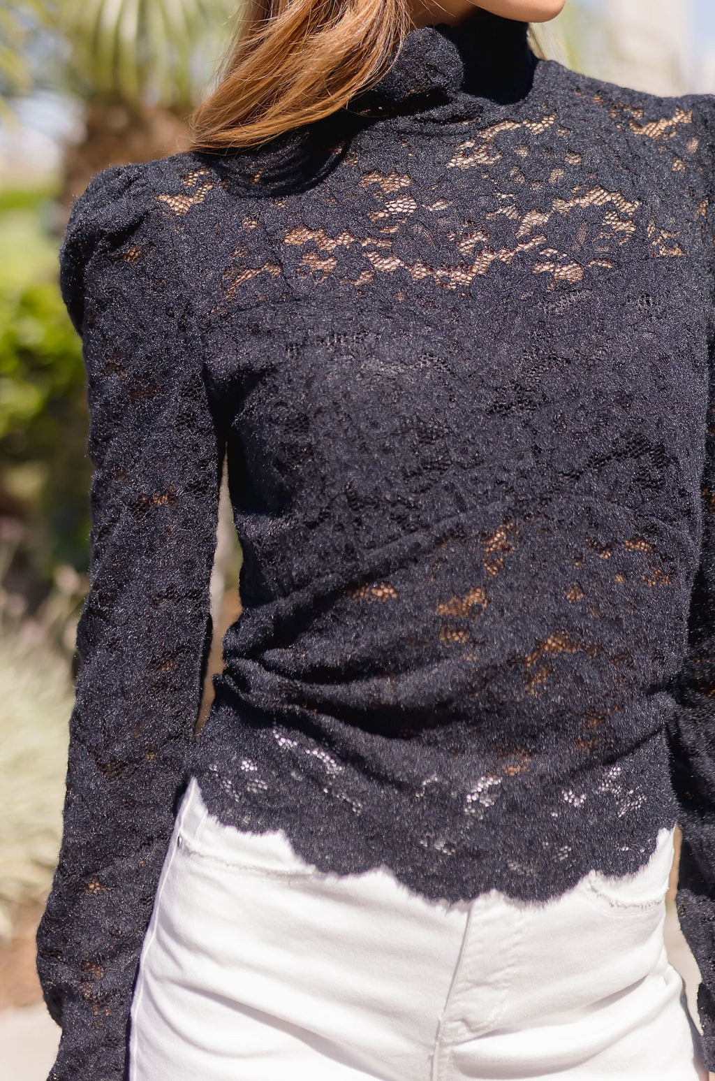 Long Puff Sleeve Mock Neck Floral Lace Top Black
