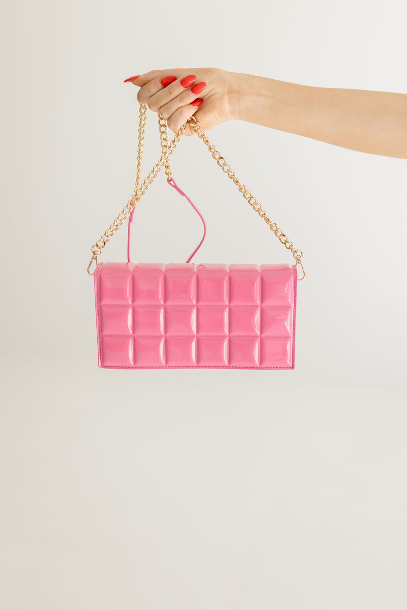 Quilted Faux Patten Leather Clutch Pink
