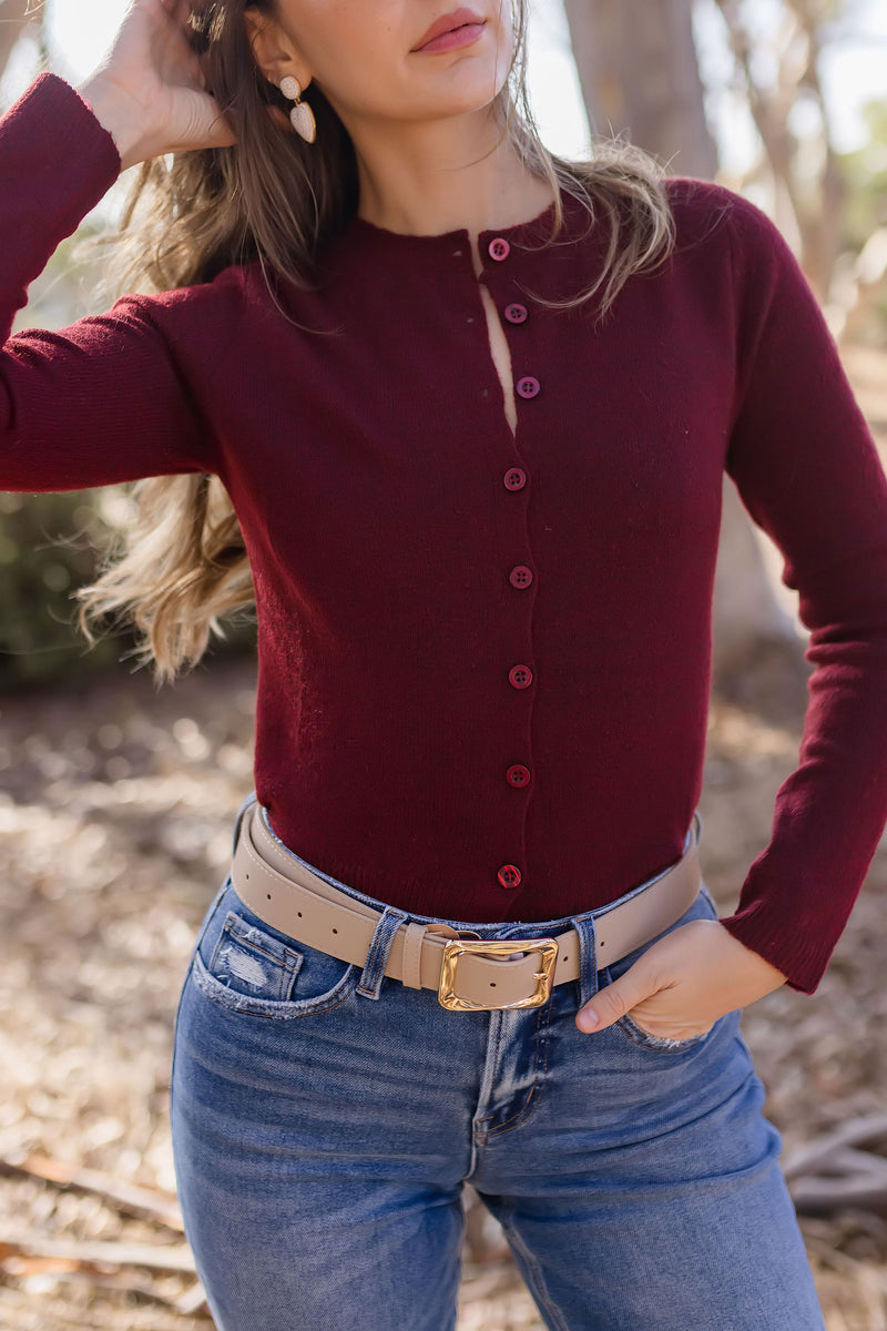 Rectangle Metal Buckle Vegan Leather Belt Taupe