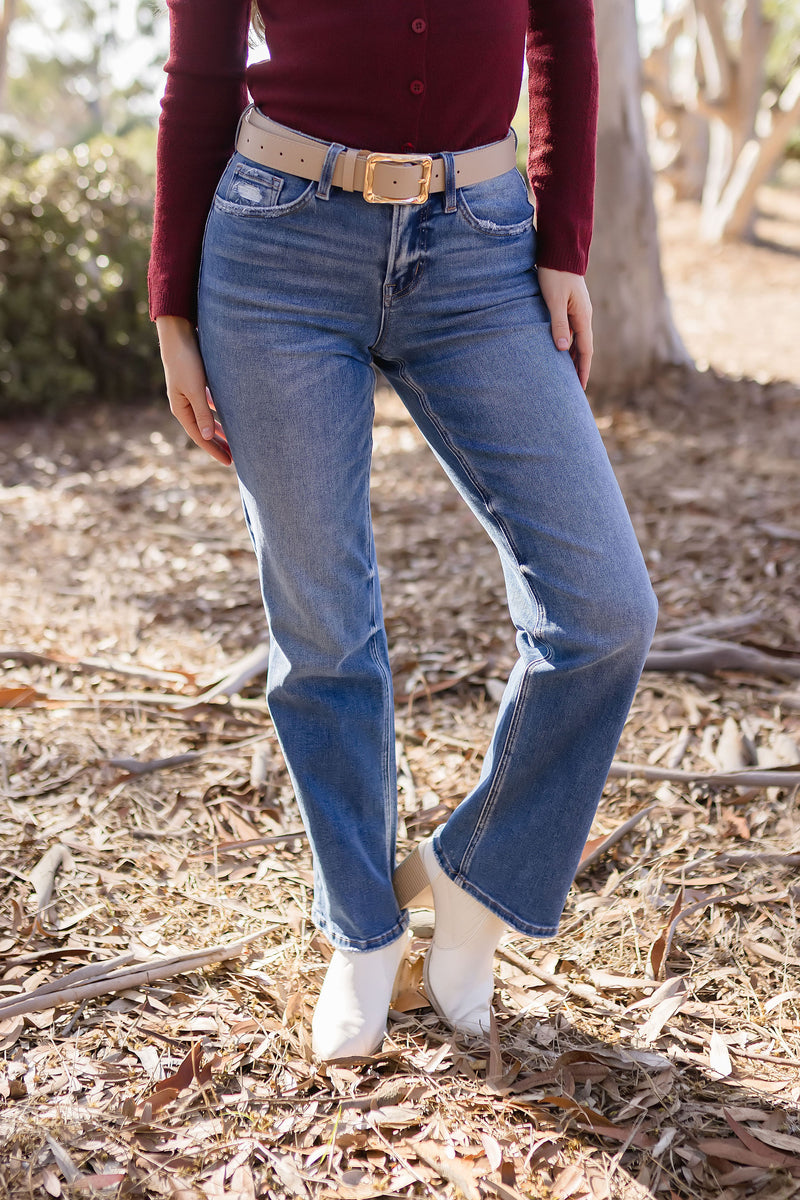 Rectangle Metal Buckle Vegan Leather Belt Taupe