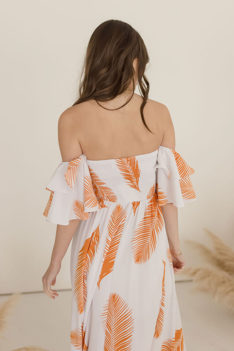  Off The Shoulder Palm Print Maxi Dress White