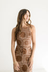 Sleeveless Halter Cross Back Abstract Print Maxi Dress Brown
