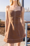 Sleeveless Pleated Zip Up Mini Dress Mocha