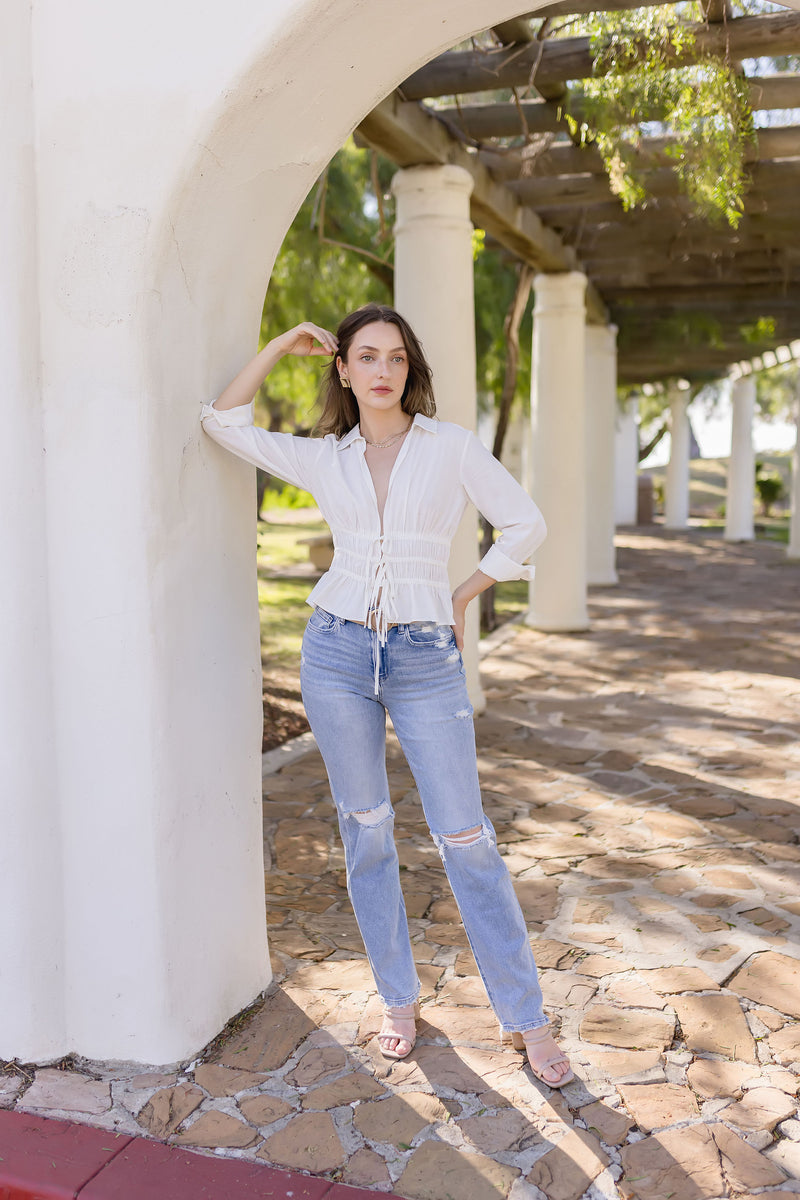 High Rise Distressed Straight Leg Jeans Light Wash