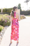  Sleeveless Halter Neck Floral Print Maxi Dress Pink