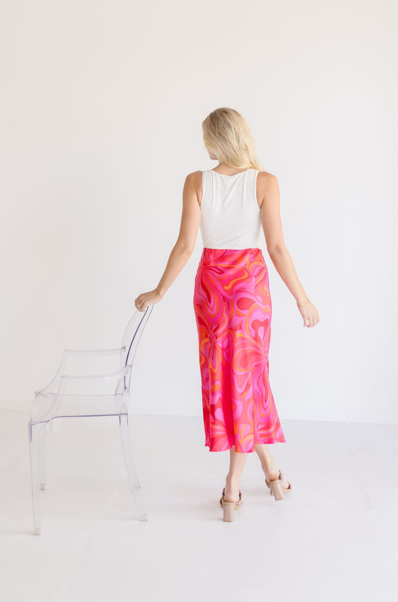  Abstract Print Midi Skirt Pink