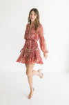  Long Sleeve Button Front Abstract Print Mini Dress Red