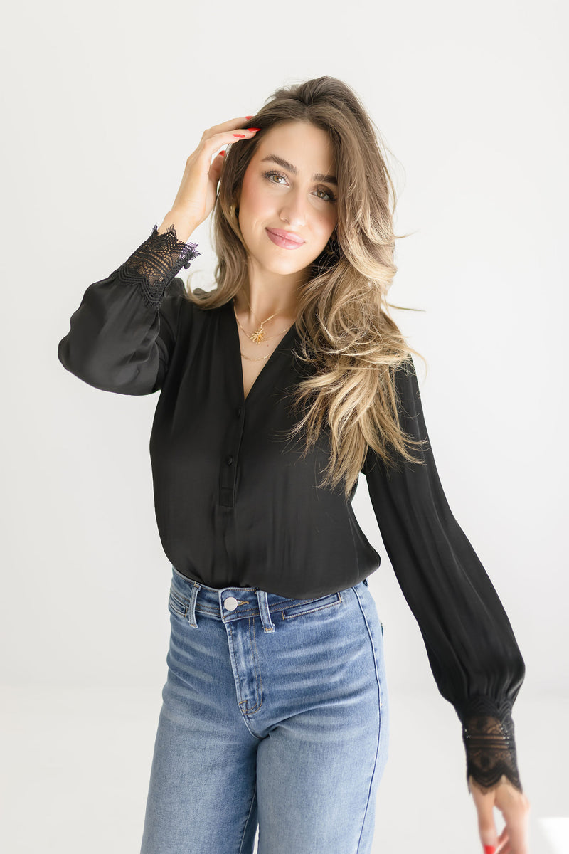  Long Sleeve Lace Cuff Button Down Top Black