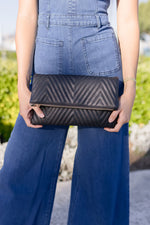 Chevron Faux Leather Fold Over Clutch Black