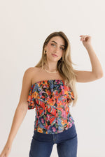  Sleeveless Ruffle Floral Print Tube Top Red
