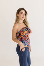 Sleeveless Ruffle Floral Print Tube Top Red