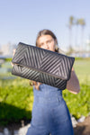 Chevron Faux Leather Fold Over Clutch Black