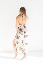  Cowl Neck Floral Print Maxi Dress Beige
