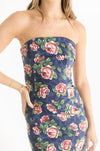  Sleeveless Floral Print Bodycon Tube Midi Dress Navy