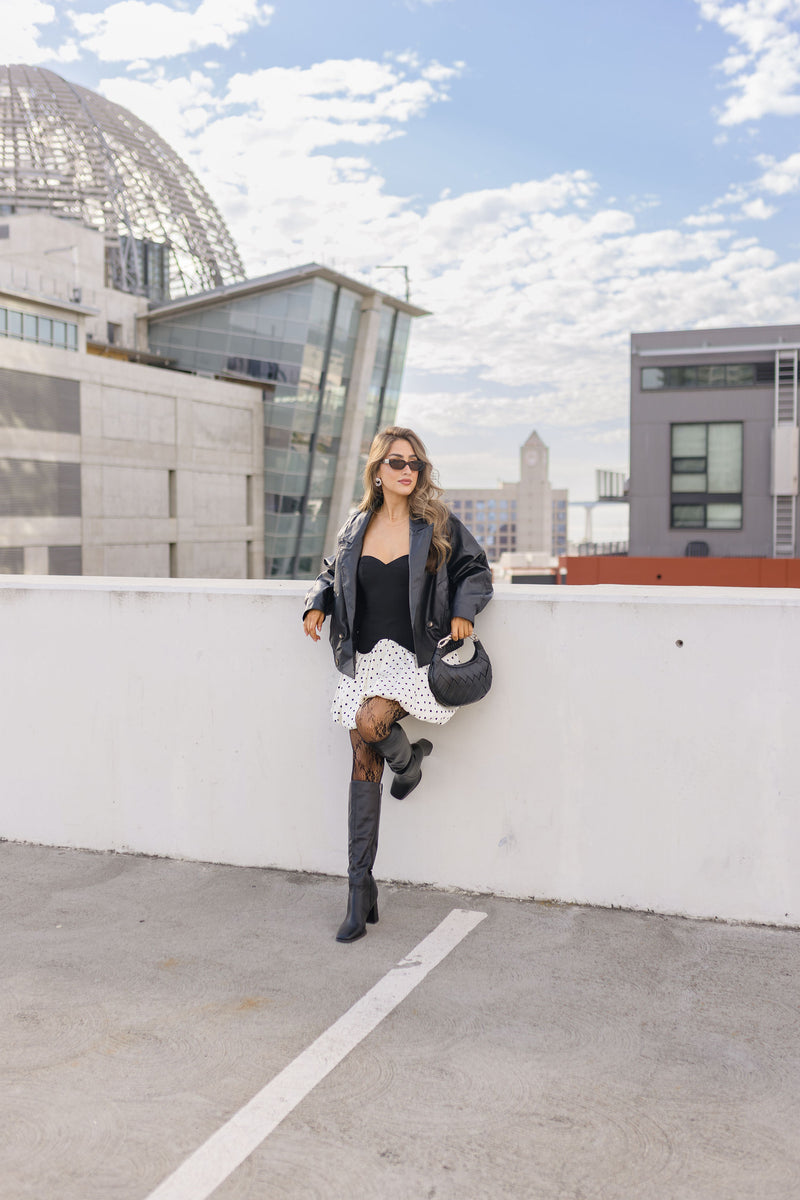 Braided Metal Top Handle Faux Leather Woven Handbag Black