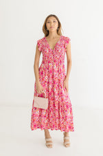  Short Ruffle Sleeve Floral Print Maxi Dress Pink