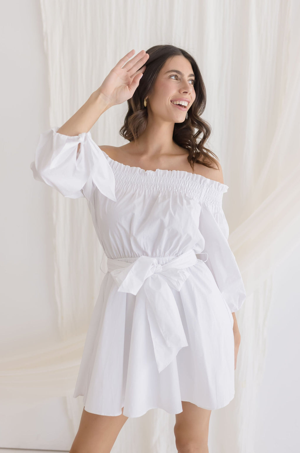  Long Sleeve Off The Shoulder Mini Dress White