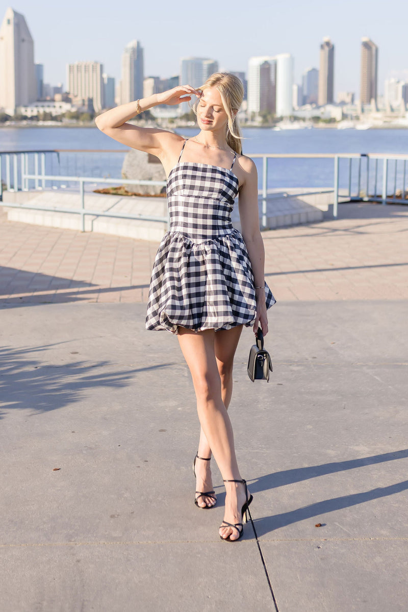 Sleeveless Gingham Print Mini Dress Black