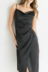 Sleeveless Faux Wrap Satin Midi Dress Black