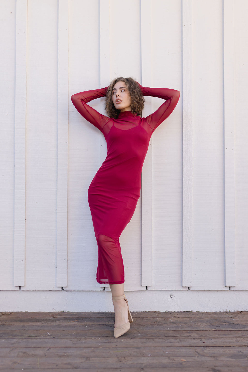Long Sleeve Mesh Tank Maxi Dress Burgundy