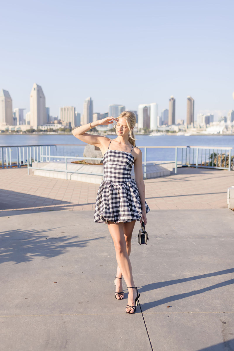 Sleeveless Gingham Print Mini Dress Black