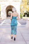 Sleeveless Floral Print Bodycon Midi Dress Blu