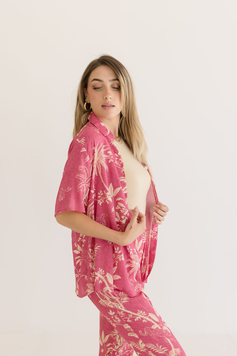 Short Sleeve Button Down Tropical Print Top Pink