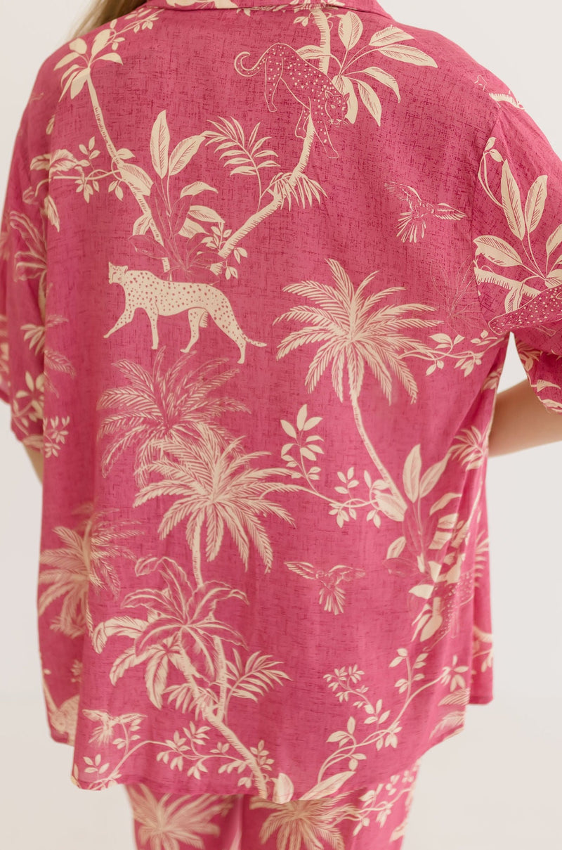 Short Sleeve Button Down Tropical Print Top Pink