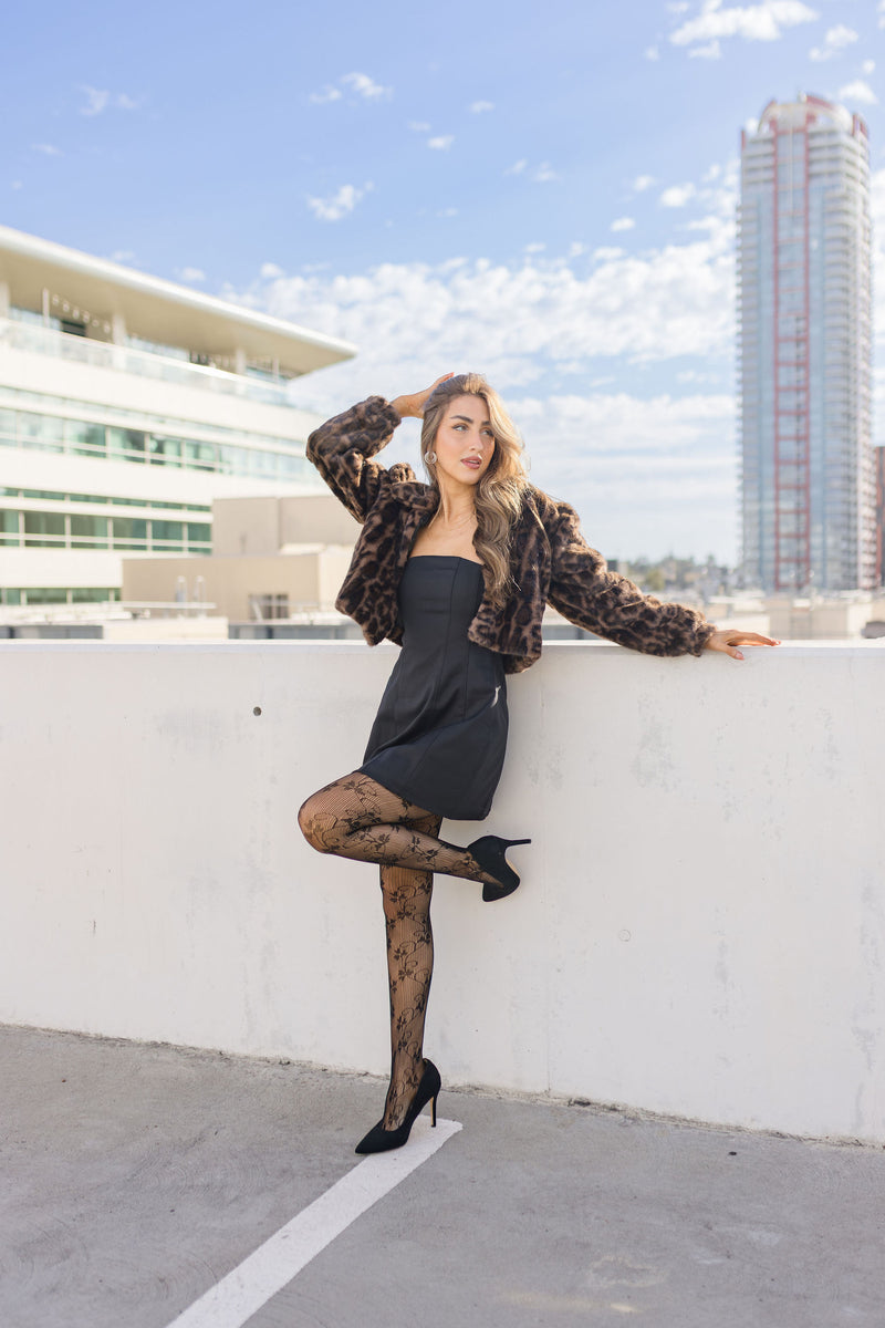 Long Sleeve Faux Fur Leopard Print Crop Jacket Brown