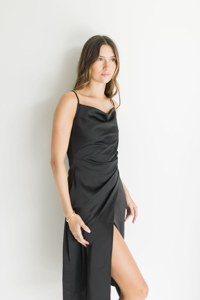Sleeveless Faux Wrap Satin Midi Dress Black