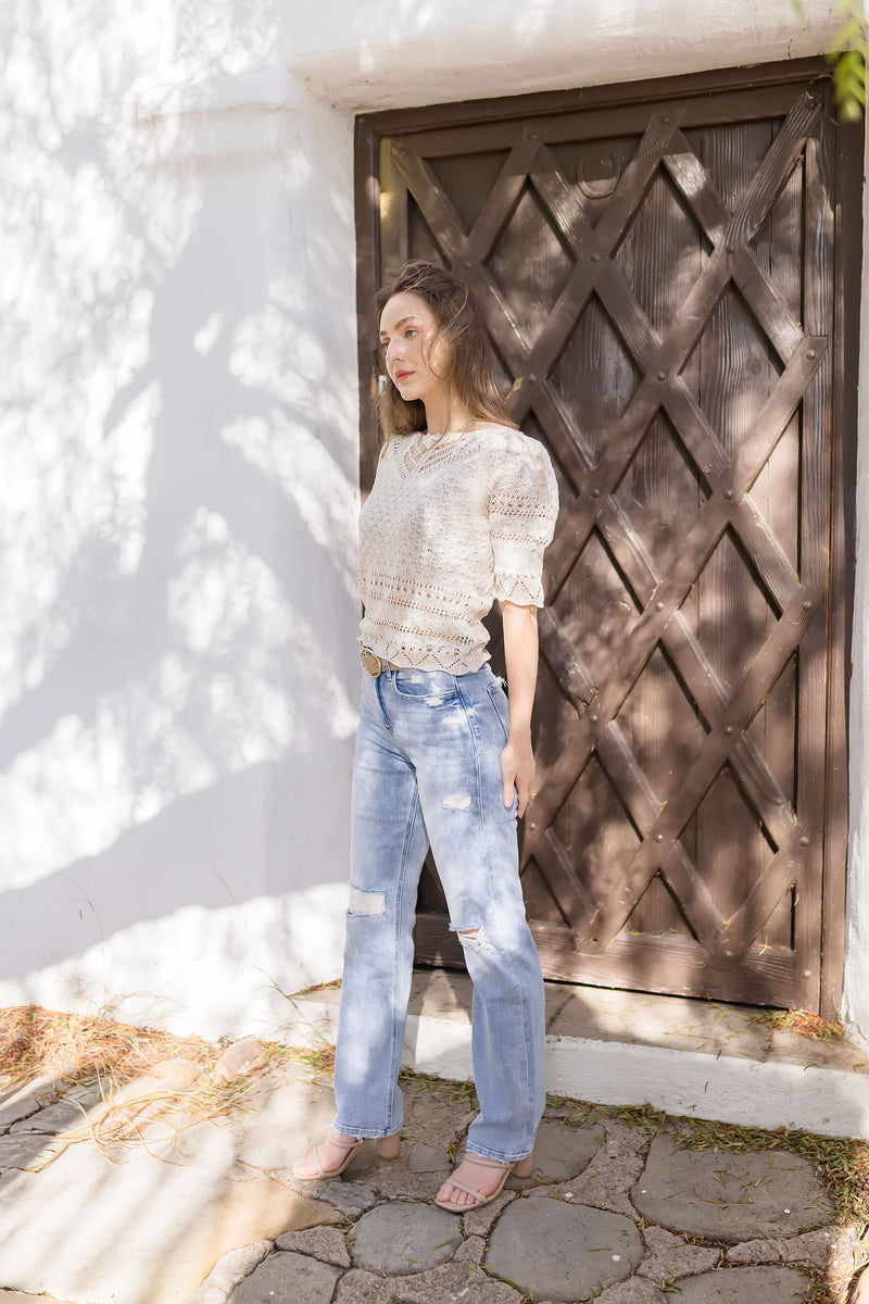 High Rise Distressed Straight Leg Jeans Light Wash