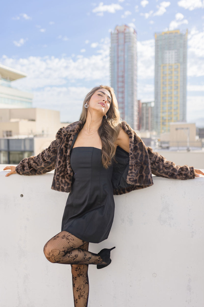 Long Sleeve Faux Fur Leopard Print Crop Jacket Brown