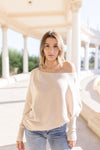  Long Dolman Sleeve Ribbed Sweater Top Sand