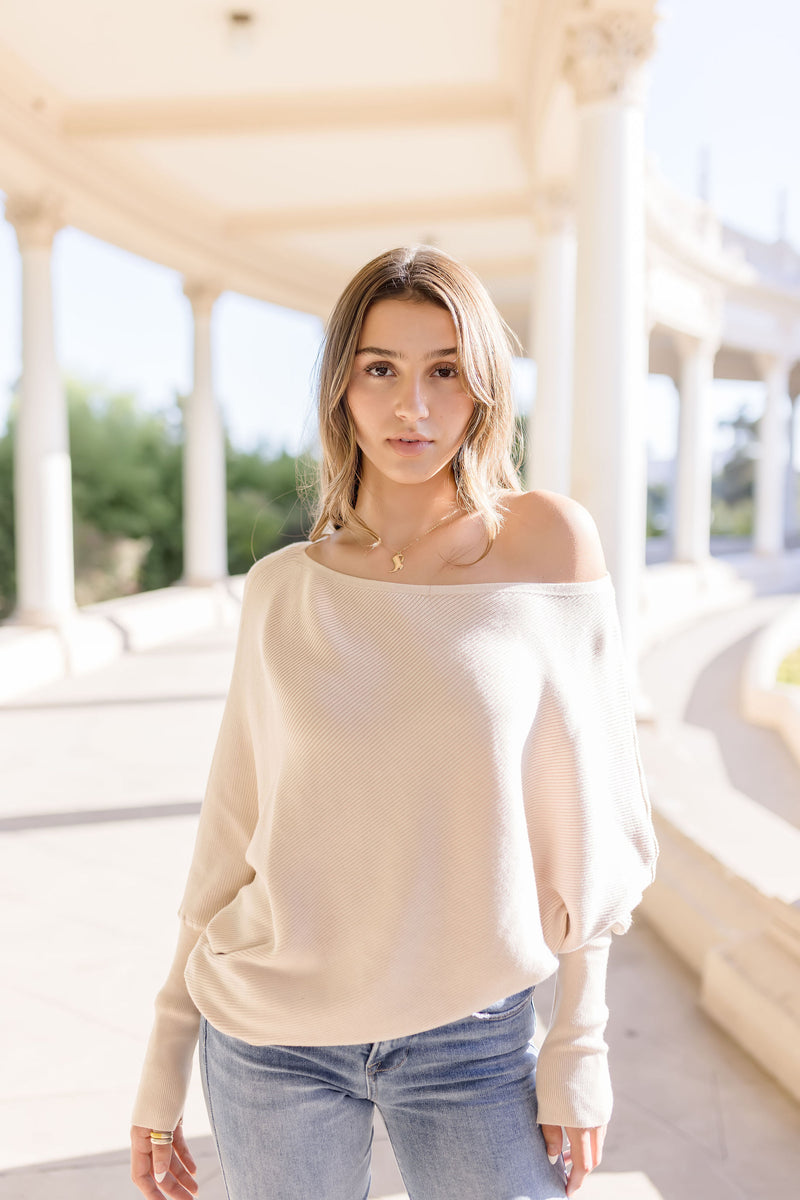  Long Dolman Sleeve Ribbed Sweater Top Sand