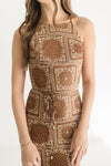 Sleeveless Halter Cross Back Abstract Print Maxi Dress Brown