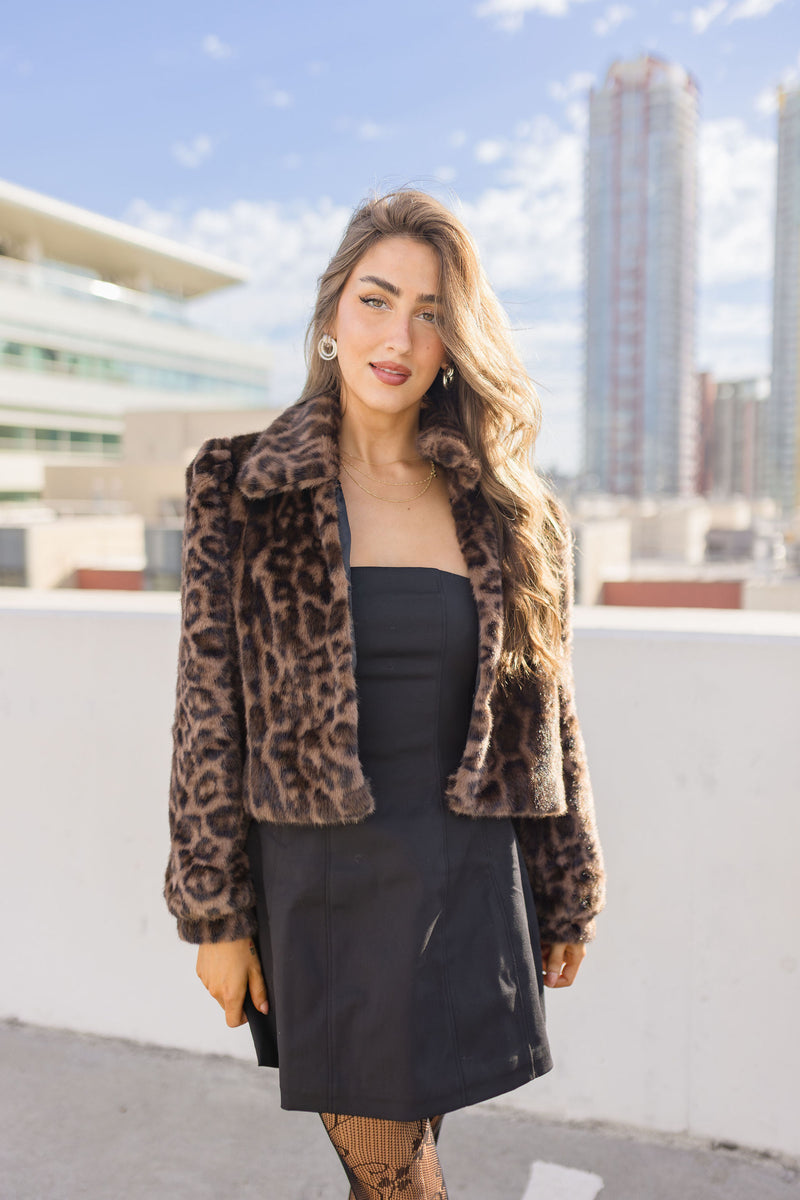 Long Sleeve Faux Fur Leopard Print Crop Jacket Brown