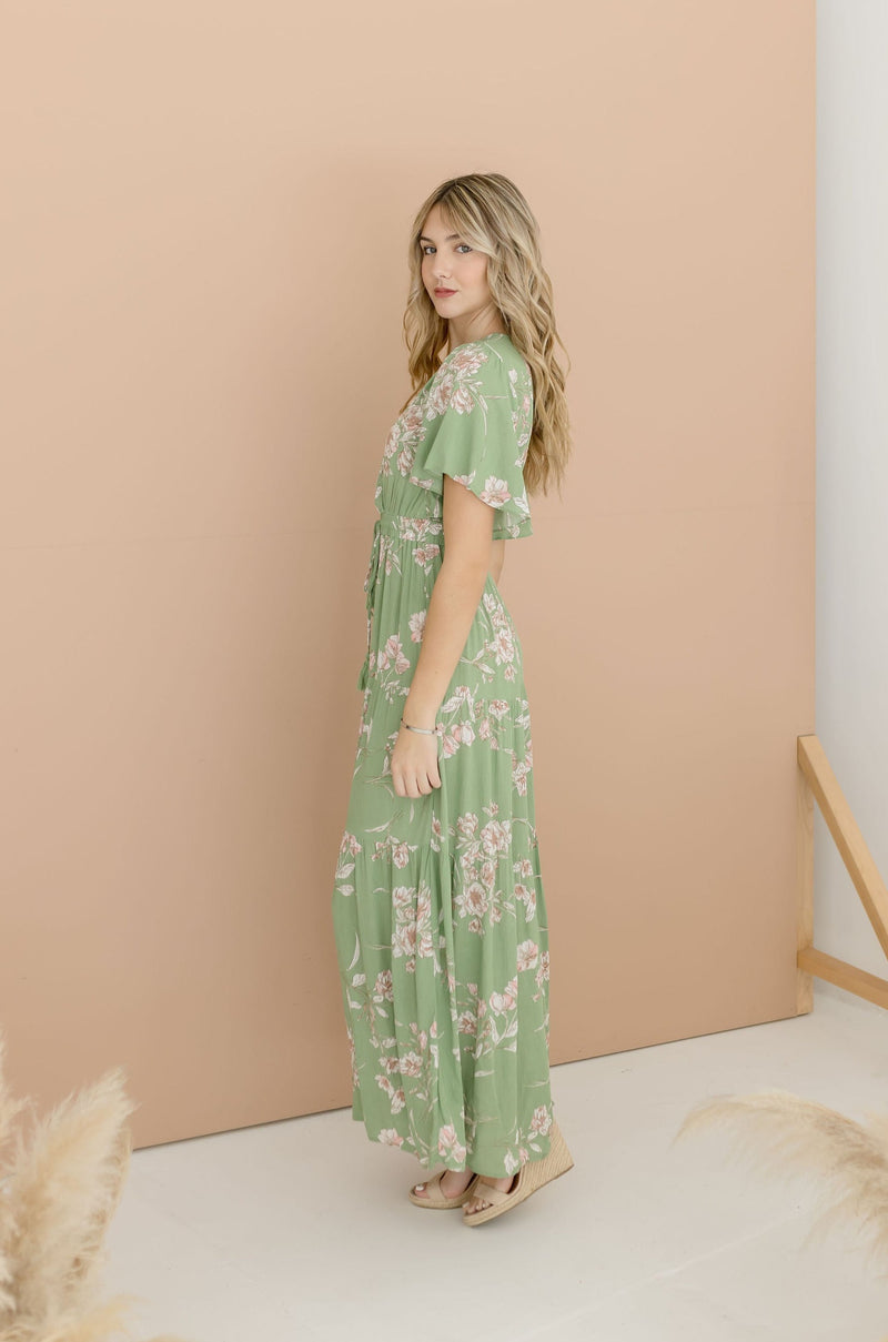 Short Sleeve Floral Print Maxi Dress Green