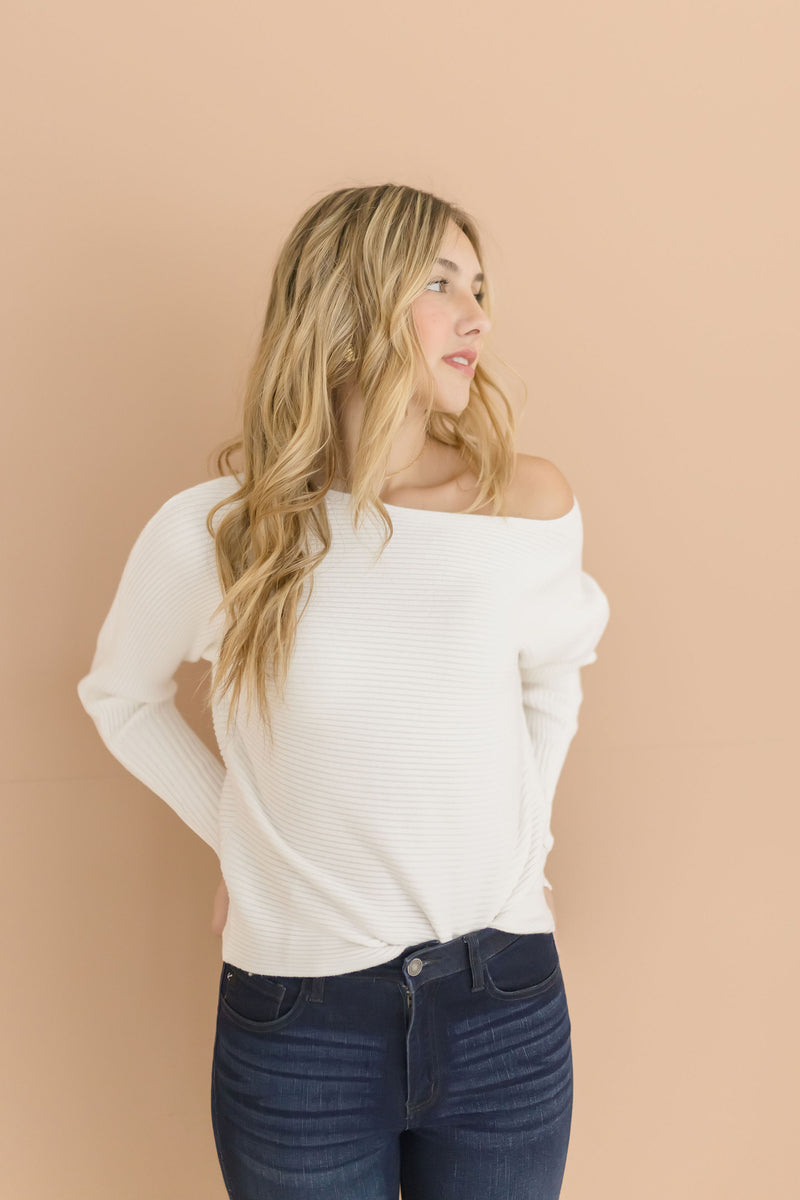  Long Sleeve Ribbed Sweater Top White