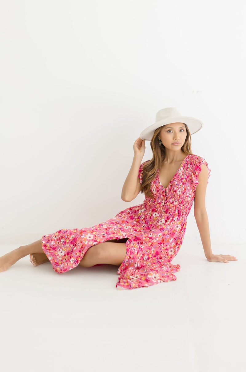 Amelia Short Ruffle Sleeve Floral Print Maxi Dress Pink